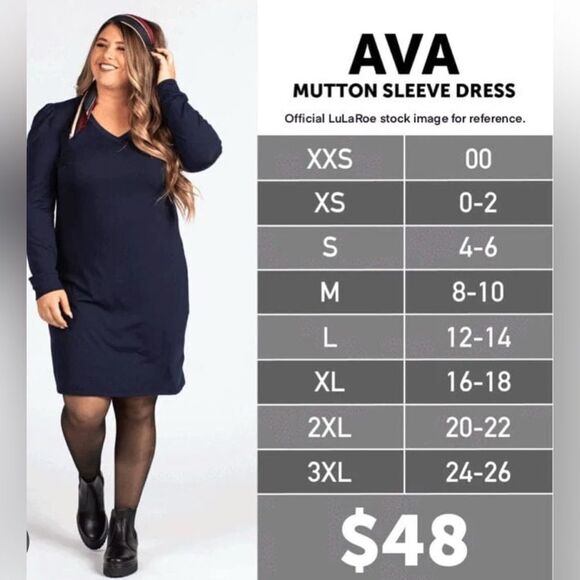 NWT LulaRoe Plus Size “Ava” Black V Neck Mutton Long Sleeve KneeLength Dress 3XL - Picture 5 of 9